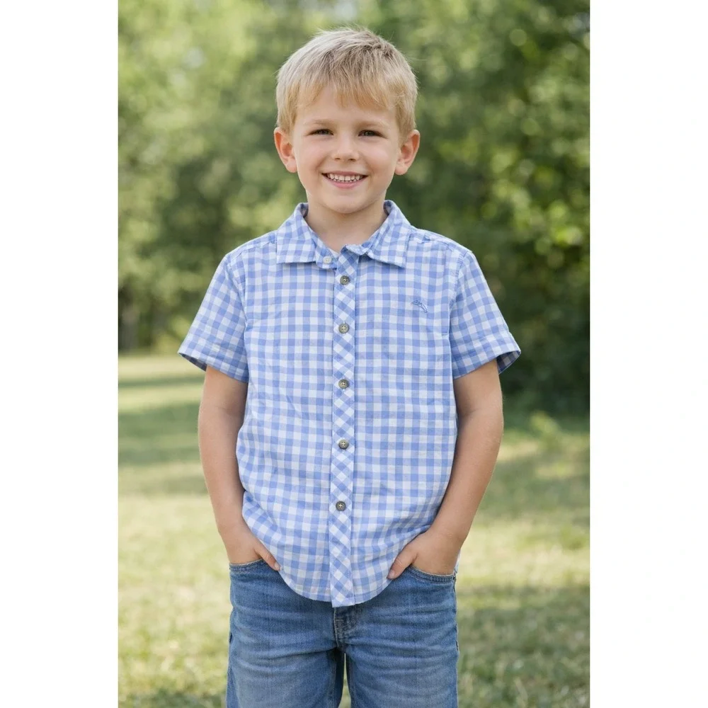 Tommy Bahama Boys SZ 7-8 Blue White Gingham Cotton Button Up Shirt Short Sleeve